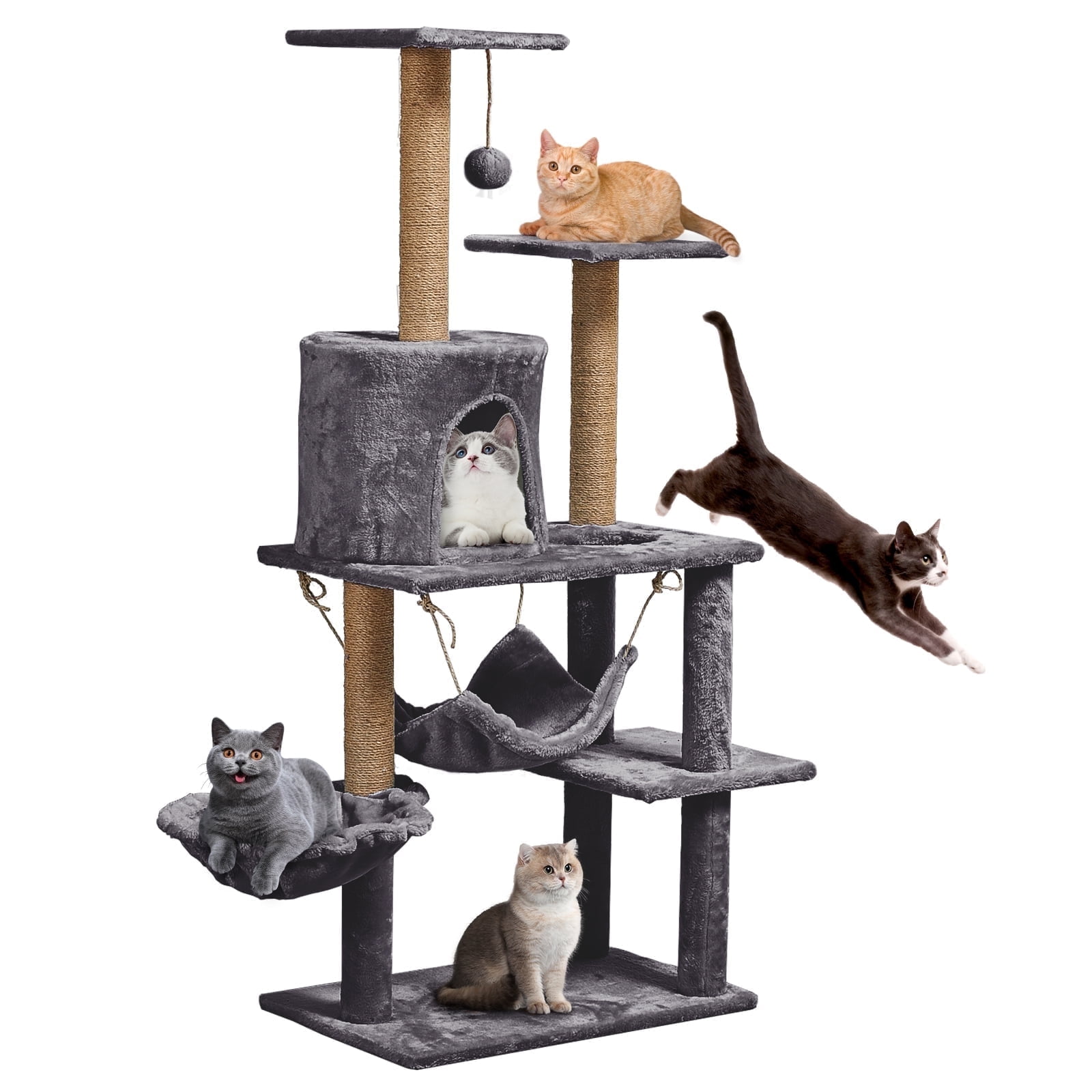ZephyPaws  Large Multi-Level Cat Tree Condo Furniture with Sisal-Covered Scratching Posts, Big Plush Condos, Perch Hammock for Kittens 52 in, Gray