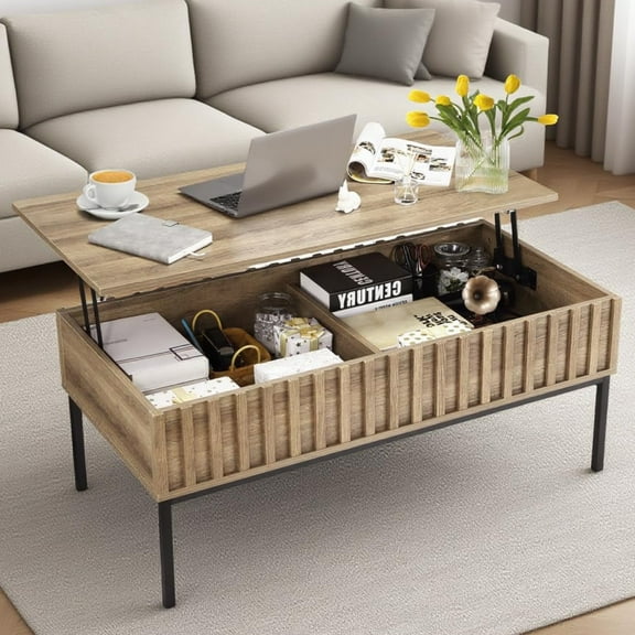 Emorefun Coffee Table with Lifting Top, Modern Fluted Wood Center Table for Living Room, Teak Color