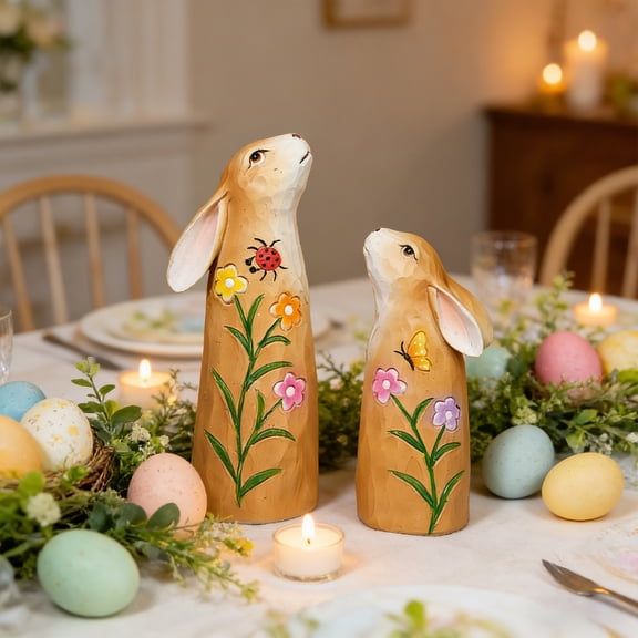 Linnome Pair Of Small Floral Carved Wooden Easter Figurine Spring Decor Home Tabletop Decor