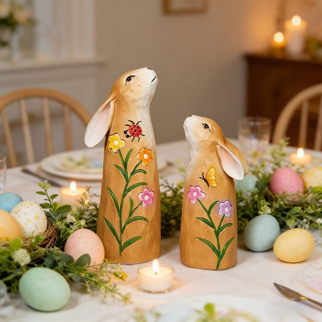 Decoración de par de figuras de conejito de madera – Conejos de madera tallados multicolores 2 tamaños 7in y 5,3 in – Adorno de mesa de Pascua, decoración rústica de campesa primaveral