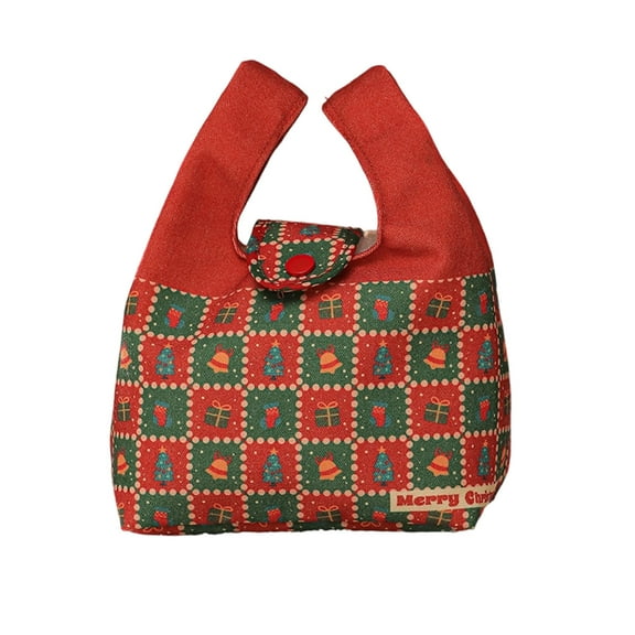 Christmas Gift Bag, Holiday Tote Bag, Canvas Christmas Eve Gift Bag with Festive Prints, Portable Handle, Reusable Durable Cloth, 7.09 x 3.94 x 10.24 Inches