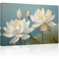ZHONGYUTONG Zen Bathroom Wall Art Blooming White Lotus Flowers Leaves Canvas Picture Prints Teal Retro Painting for Office Spiritual Meditation Room Framed (12.00" x 18.00")
