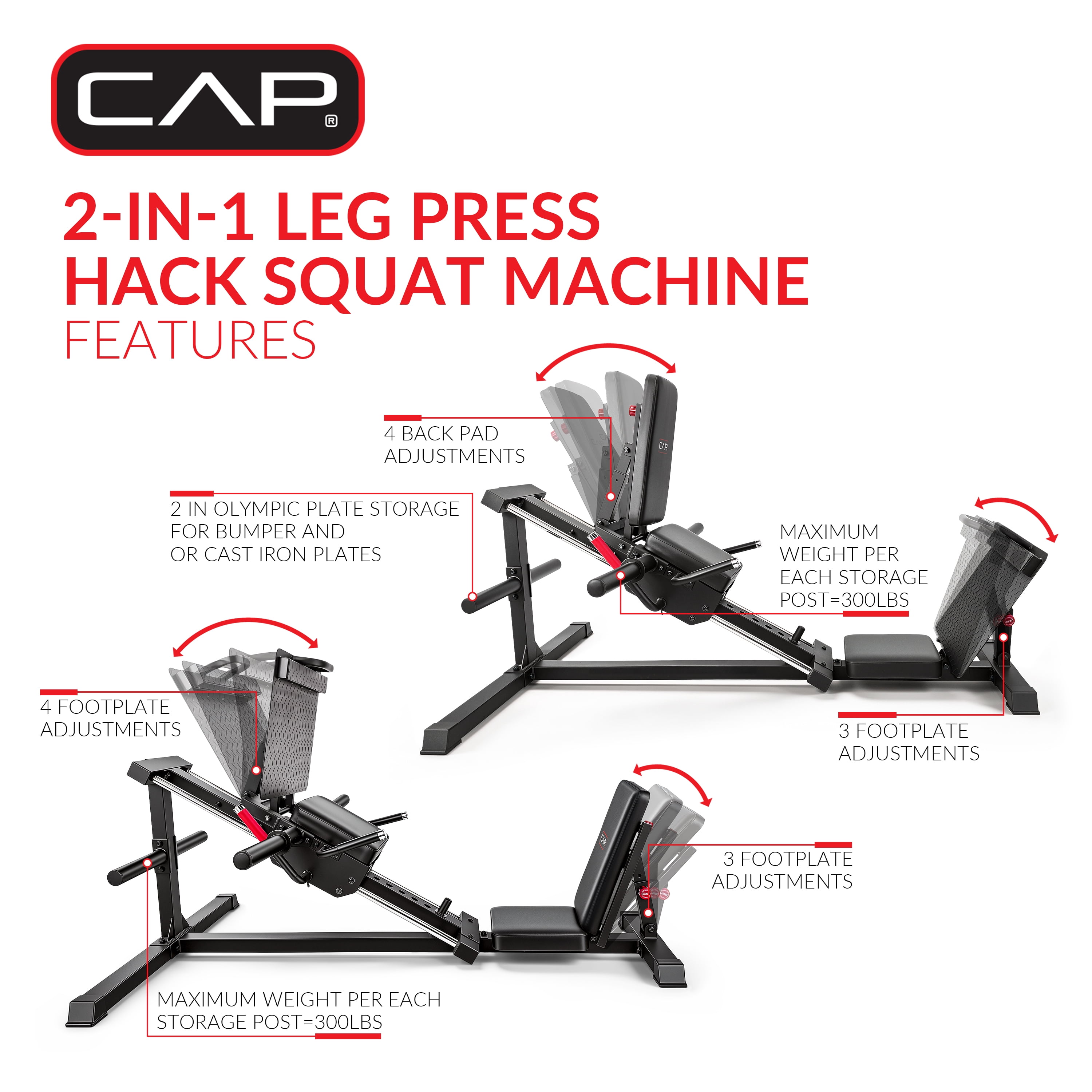 CAP Barbell 2-in-1 Leg Press & Hack Squat Machine, Plate-Loaded Lower Body Strength Trainer with Adjustable Footplate & Back Pad, Olympic Weight Plate Compatible