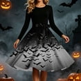 thumbnail image 6 of Women's Vintage Halloween Bat Print Swing Dress Long Sleeve 1950s Retro A-Line Midi Dresses with Satin Sash Belt for Gothic Cosplay Evening Prom Party, 6 of 6