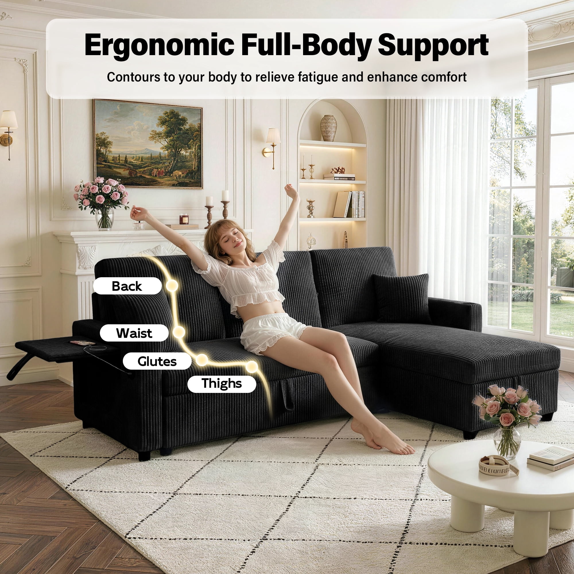 Aukfa 83" L-Shaped Sleeper Sleeper Sofa with Storage Chaise & Rotating Side Table, L-Shaped Corduroy Convertible Couch with USB/Type-C Ports,Black