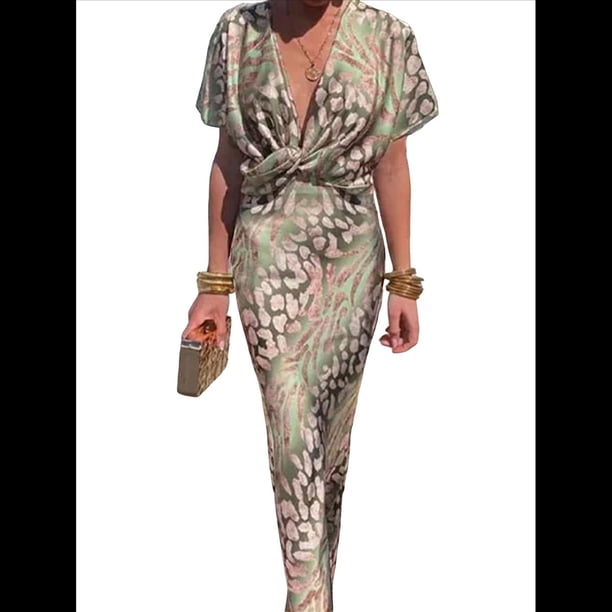 Vestido Hasta el Suelo para Mujer con Estampado Floral, Mangas , Escote en V, Estilo Cruzado, Verde y Rosa Como Se Muestra S