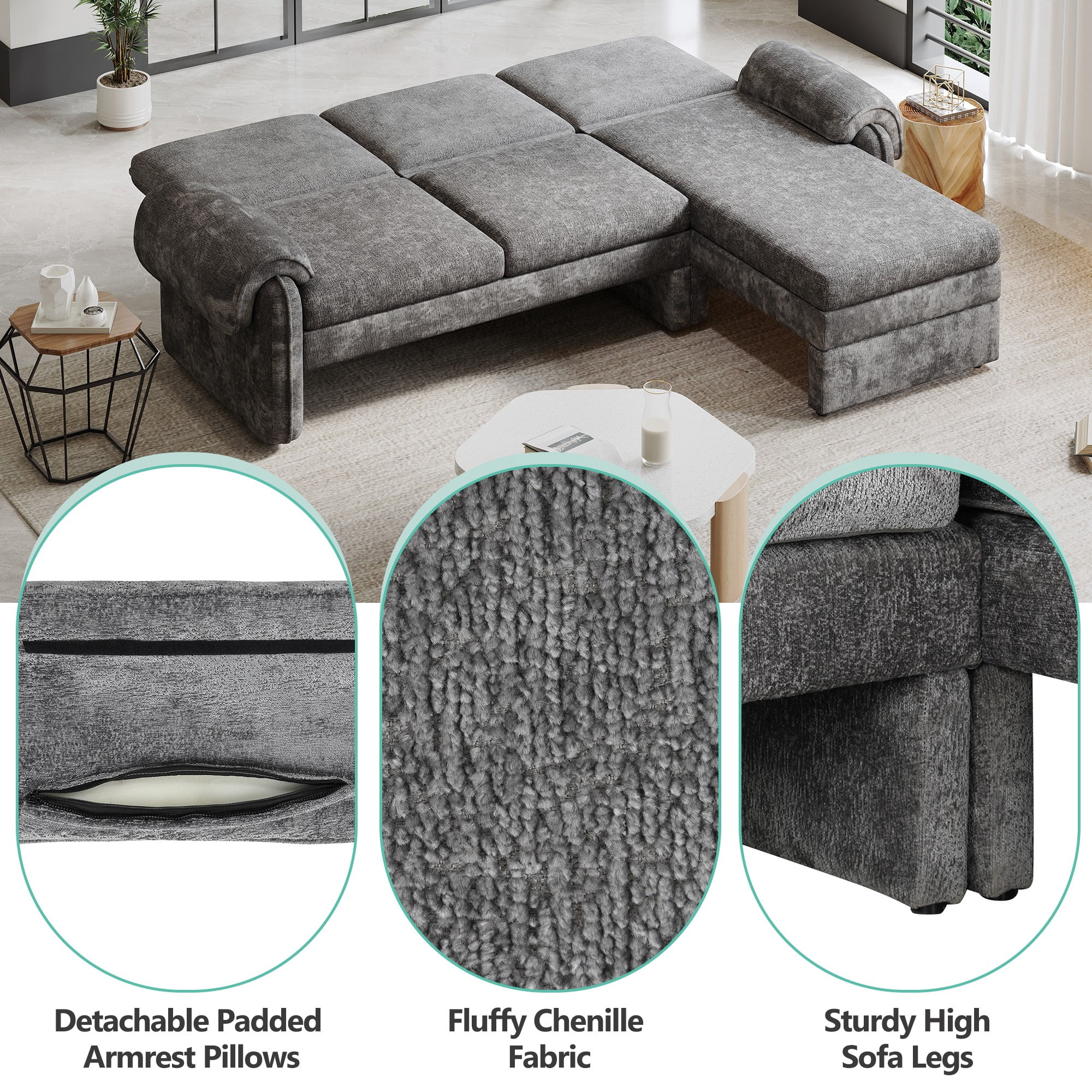 94.1" Convertible Futon Sofa Bed,Futon Sofa Couch with Adjustable Backrest,Reversible Chaise Lounge and Two Removable Armrest Pillows for Living Room,Gray