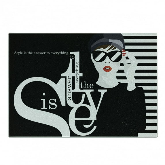 Saying Cutting Board, Mysterious Lady and Style is the Answer to Everything Text, Decorative Tempered Glass Cutting and Serving Board, Small Size, Scarlet Black and White, by Ambesonne