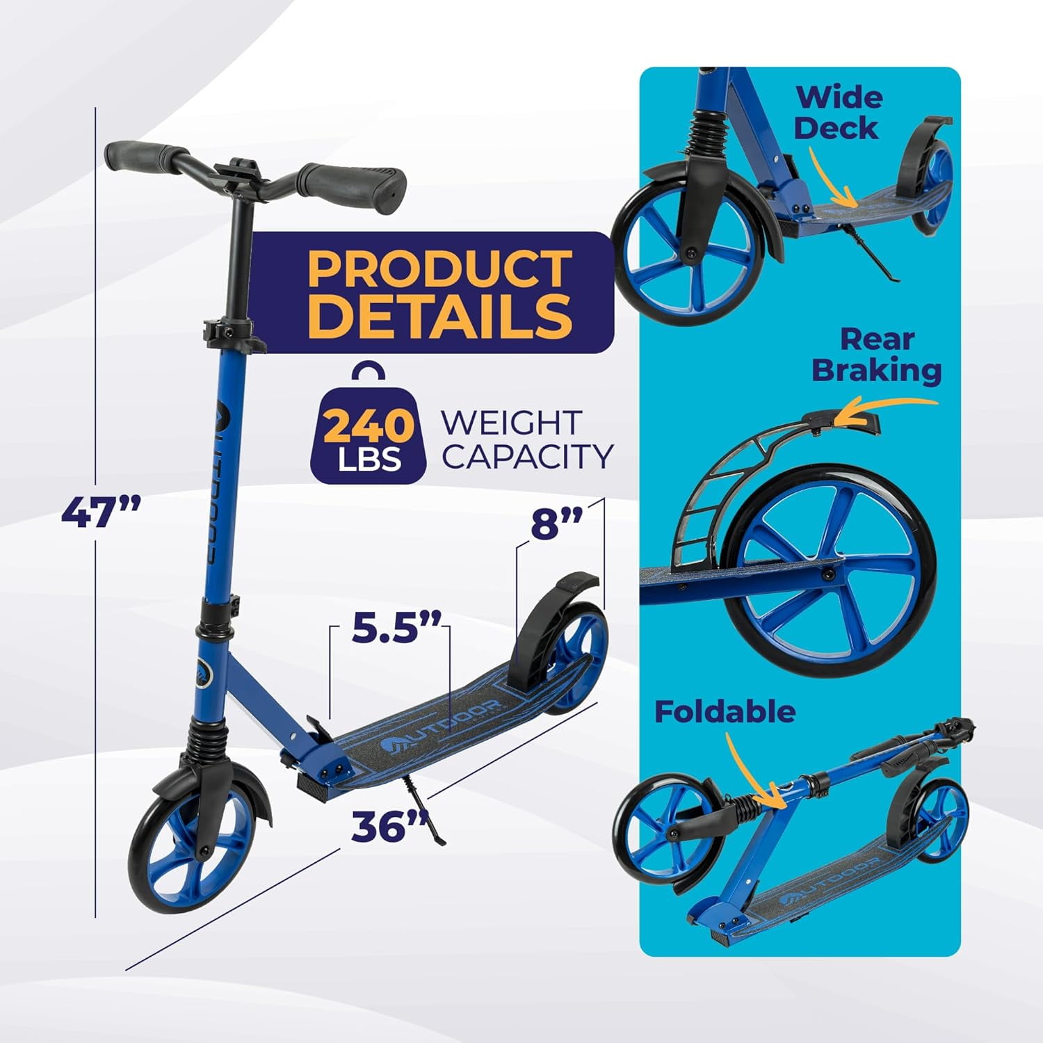 Outdoor Cruiser Kick Scooter for Ages 6+, for Kids, Teens, and Adults, Max Load 250 LBS, Foldable, 8-inch Wheels for Kids and Adults, Dual Suspension, 3 Adjustable Levels, Child Safety Approved, Blue