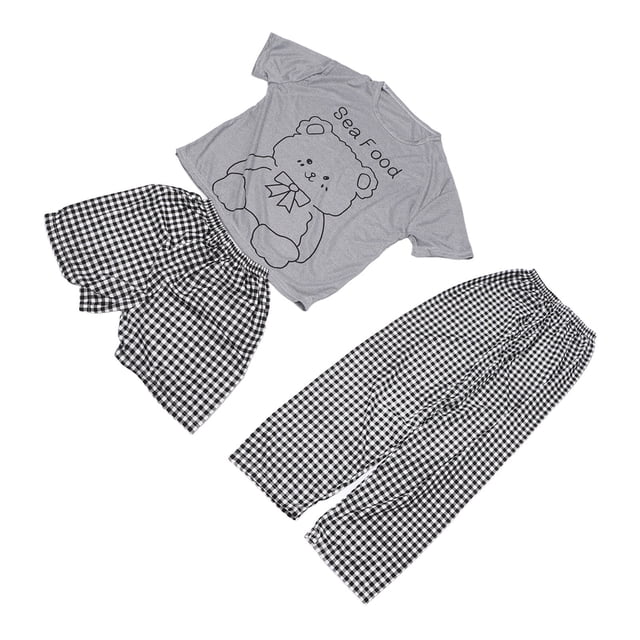 Conjunto de Pijama Nikou de 3 Piezas para Mujer a Cuadros con Estampado de Oso de Dibujos Animados
