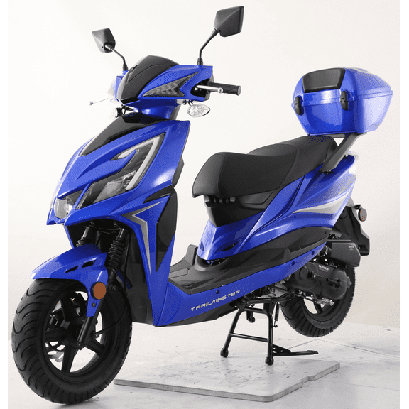Trailmaster Trophy 50cc Scooter/Moped, Automatic CVT, Electric & Kick Start, 12-inch Aluminum Rims, Optional Color-Matched Locking Trunk (Pre-Assembled, Blue)