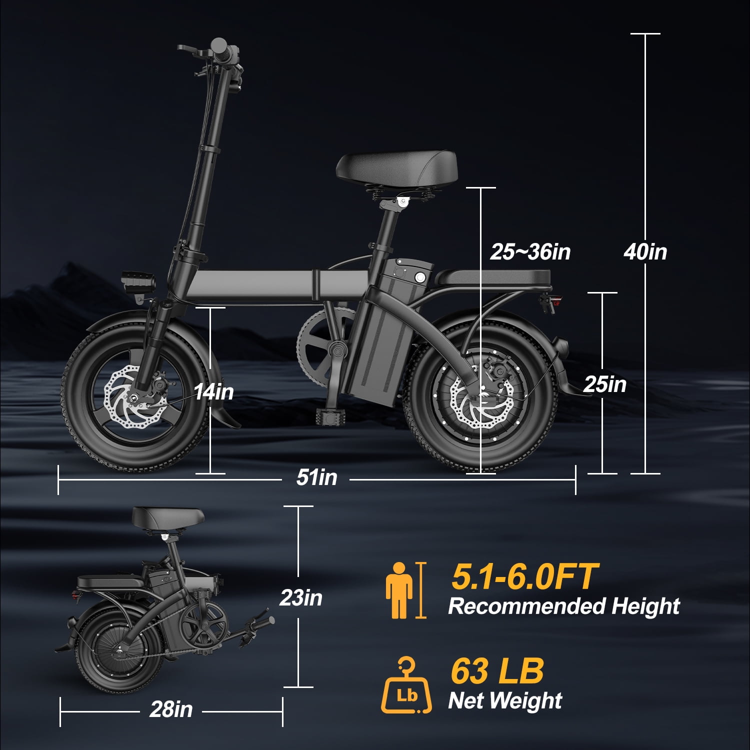 Folding Electric Bike, 500W 19 mph Adult Folding Compact Electric Bike, Fat Tire Electric Bike, Portable Electric EBike With Pedals With 48V 10AH Battery, Suitable For Mountain, Beach UL2849