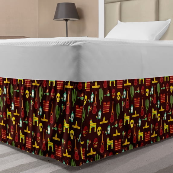 Mexican Bed Skirt, Pattern with Traditional Cultural Elements Music Accessories Tequila and Saguro, Elastic Bedskirt Dust Ruffle Wrap Around for Bedding Decor, 4 Sizes, Multicolor, by Ambesonne