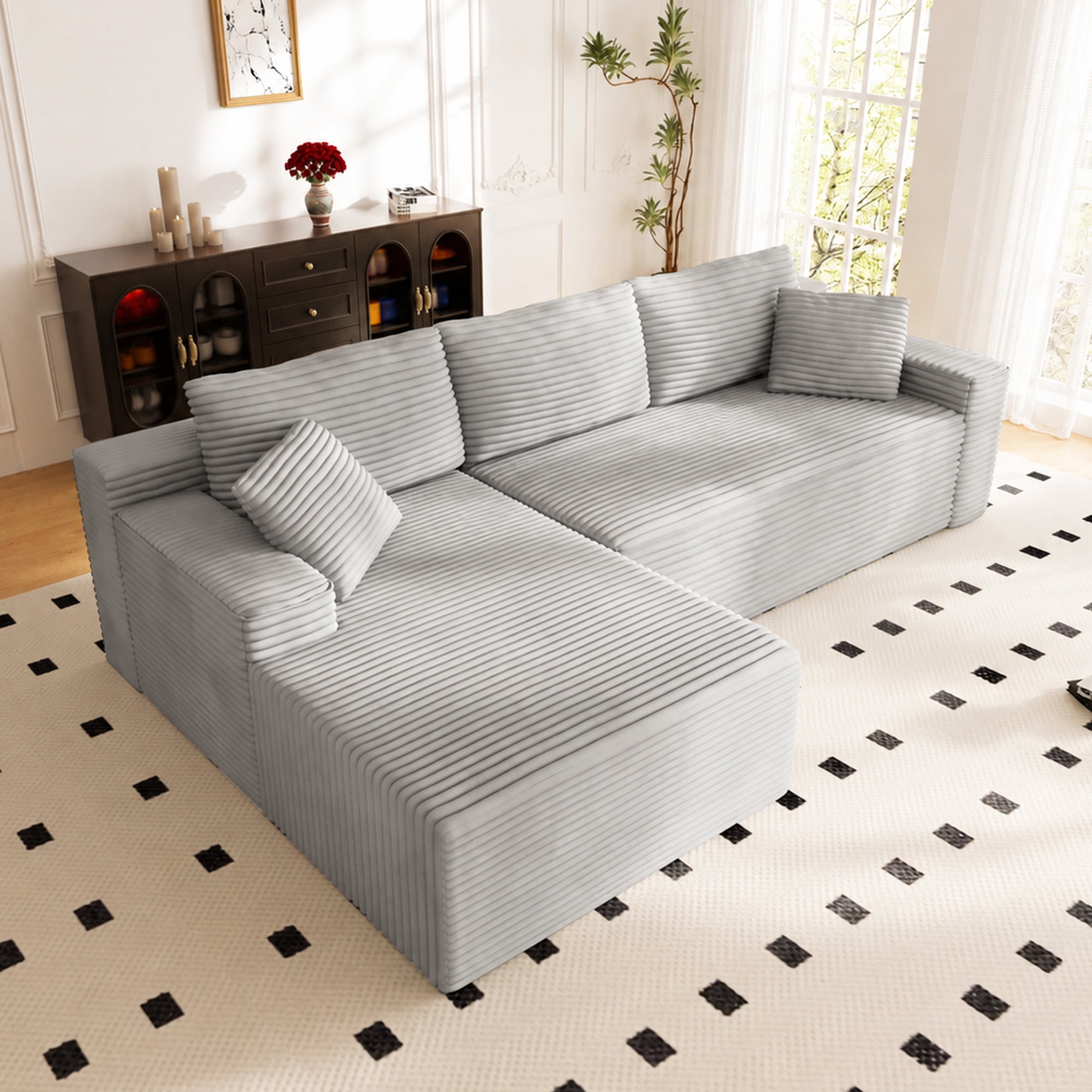 Lunale 105" Modular L-Shaped Sectional Sofa, Boneless Cloud Couch, No Assembly Required, Modern Deep Seat Corduroy Sofa for Living Room, Light Grey (Left Facing Chaise)