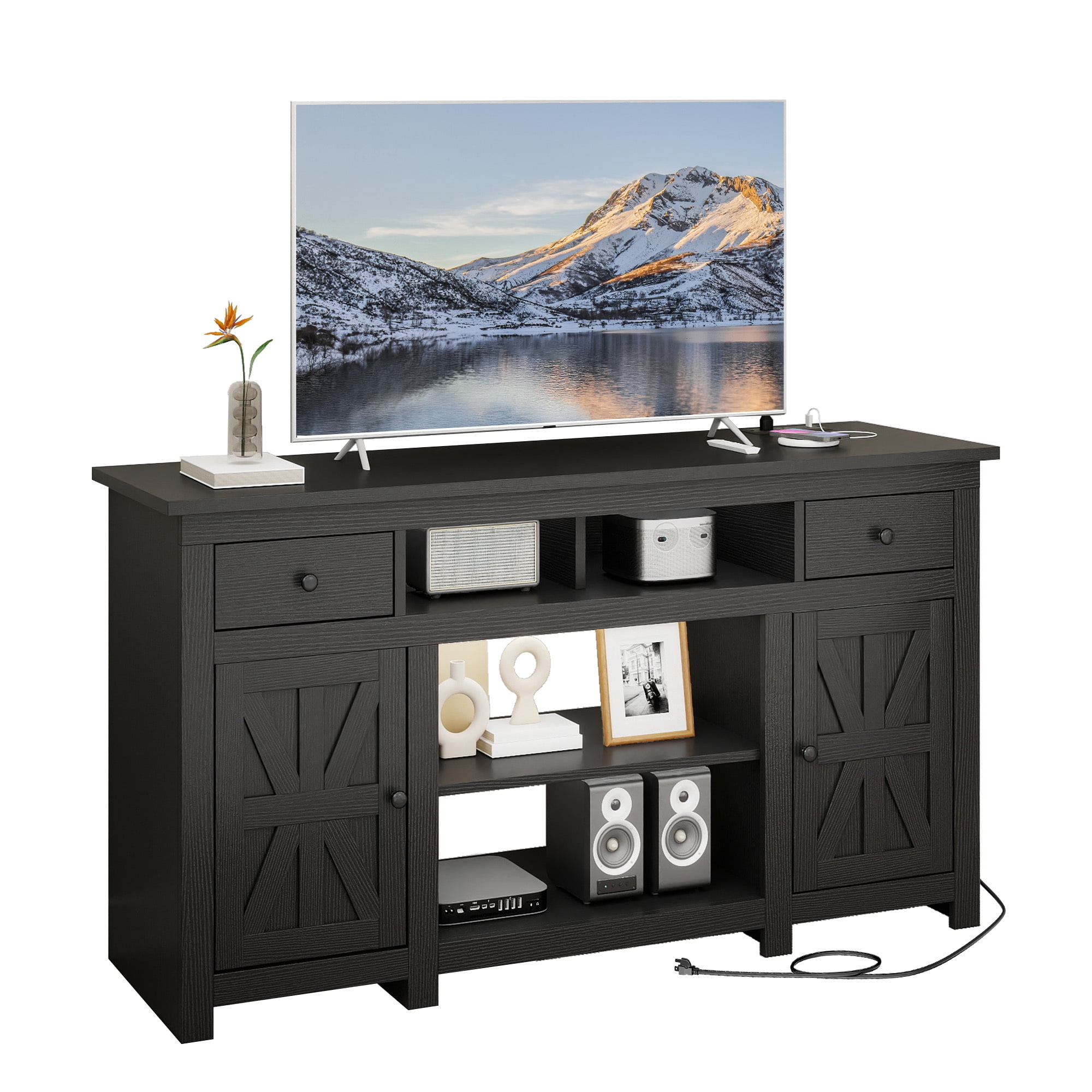 Uforic 65 Inch Farmhouse TV Stand with Built-in Charging Station, 2 Drawers & Adjustable Shelves for Living Room Bedroom, Black
