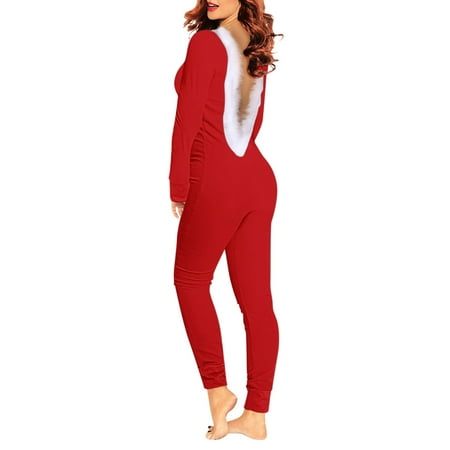 

Women Solid V Neck Long Sleeve Open Back Furry Adult Pajamas Jumpsuit Bodysuit Playsuit Romper Women Onesises Red XL