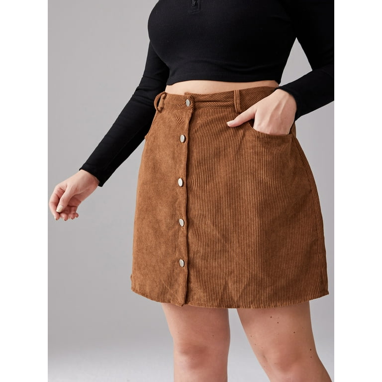 CrazyJune Women s Plus Size Button Corduroy Skirt Casual High Waist A Line Mini Skirt With Pockets