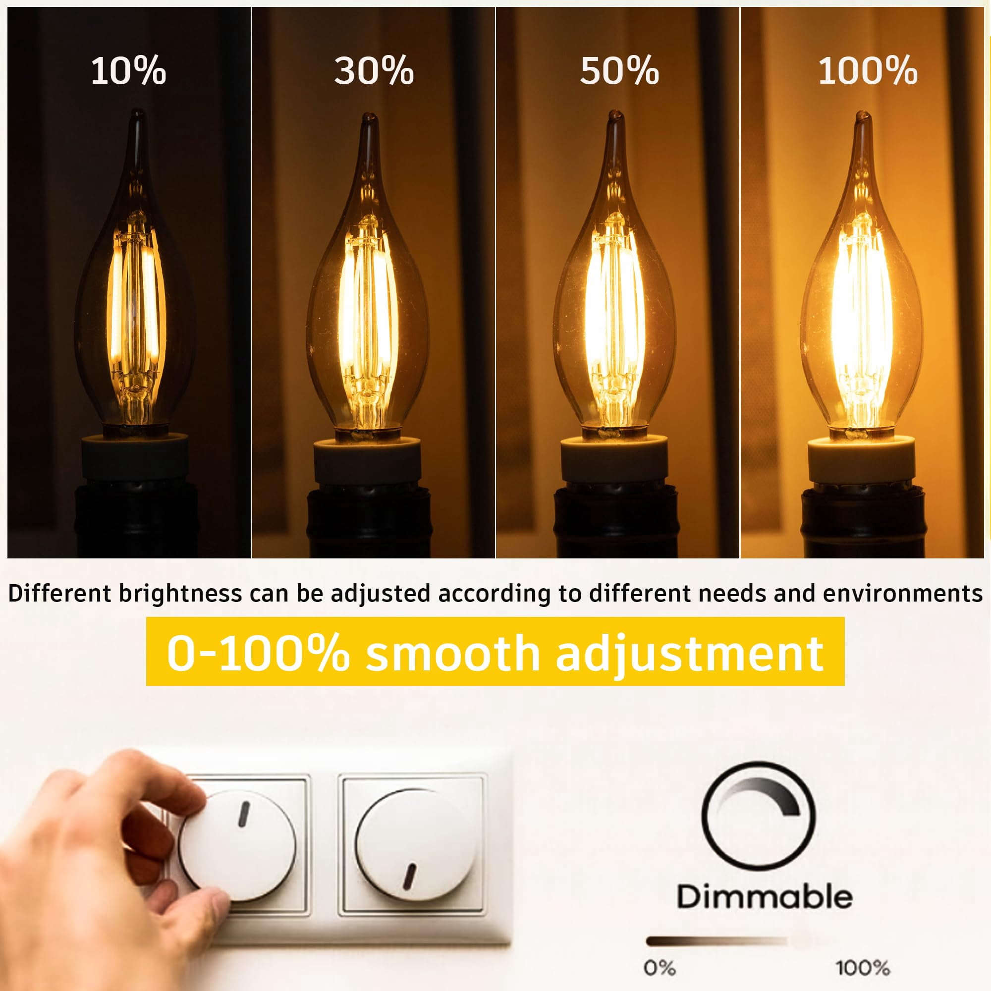 Dimmable E12 Candelabra LED Light Bulbs,C32T 4W Amber Flame Tip Vintage Chandelier Bulbs Equal to 40Watt Incandescent,2200K Warm Yellow CA10 Candle Bulb for Decor Lighting, 550Lumen,6Pack