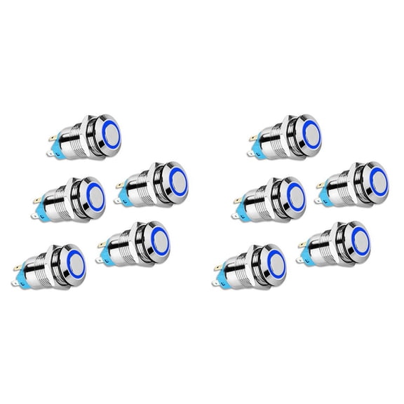 10PCS 12mm Latching Push Button Switch High Round Cap, Waterproof Metal Push Button Switch with 12V/24V Blue Light