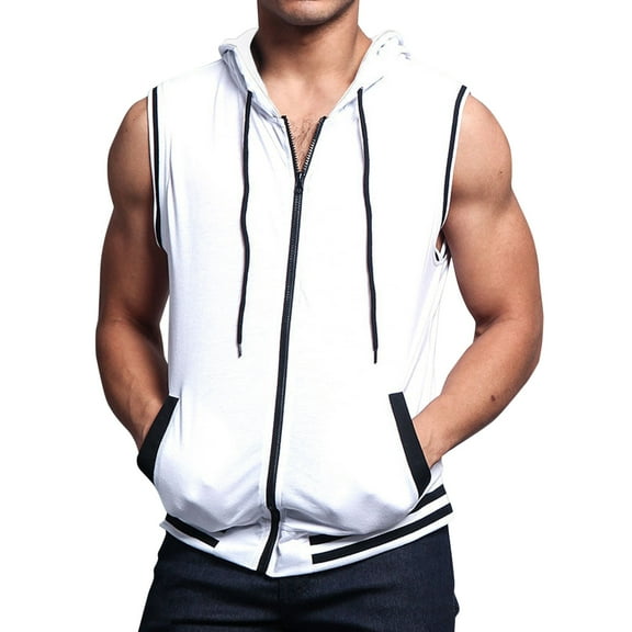 Mens Tank Top Beach Movement Leisure Fashion Pocket Zipper Hooded Vest Sleeveless Coat
