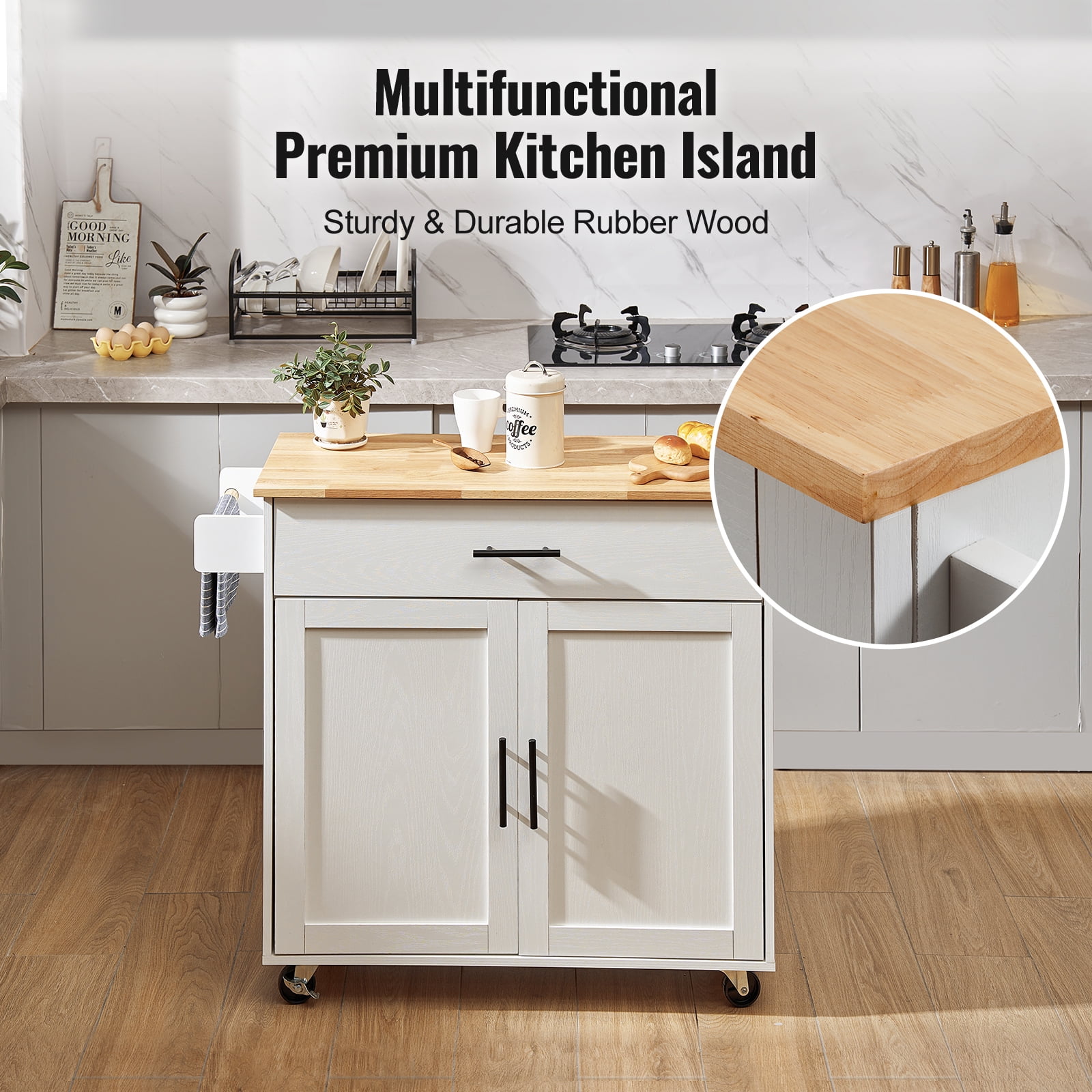 KFFKFF Kitchen Island, Mobile Kitchen Cart with Sturdy Wood Surface, 35.4" Broad, Equipped with Storage Compartment, Movable Kitchen Table with Spice Holder, Towel Holder, Drop Leaf and Drawer
