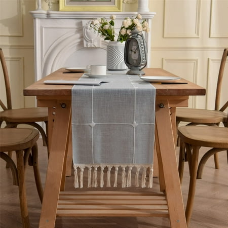 

Gernaice Rustic Lattice Linen Table Runner 13 x 90 Inches Vintage Checkered Boho Farmhouse Embroidery Plaid 90 Inches Long Table Runners with Tassel Kitchen Dining Holiday Party Home Decor Grey C49