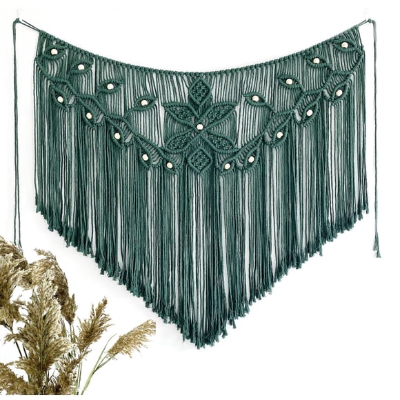 Youngeast Home Decor Leaf Shape Macrame Wall Hanging Woven Tapestry Bedroom Curtain Fringe Garland Banner Living Room Wall Decor Dark Green 39X31 Inches