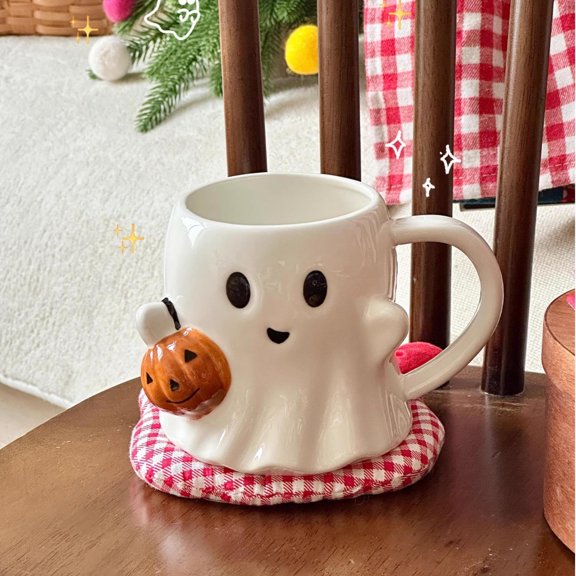 Ceramic Coffee Mug Set Halloween Theme - Cute Ghost Shaped Cup with Pumpkin Accent, Large 14oz Capacity for Tea/Cappuccino/Mocha, Durable White Ceramic for Home/Office/Gift (BPA Free)