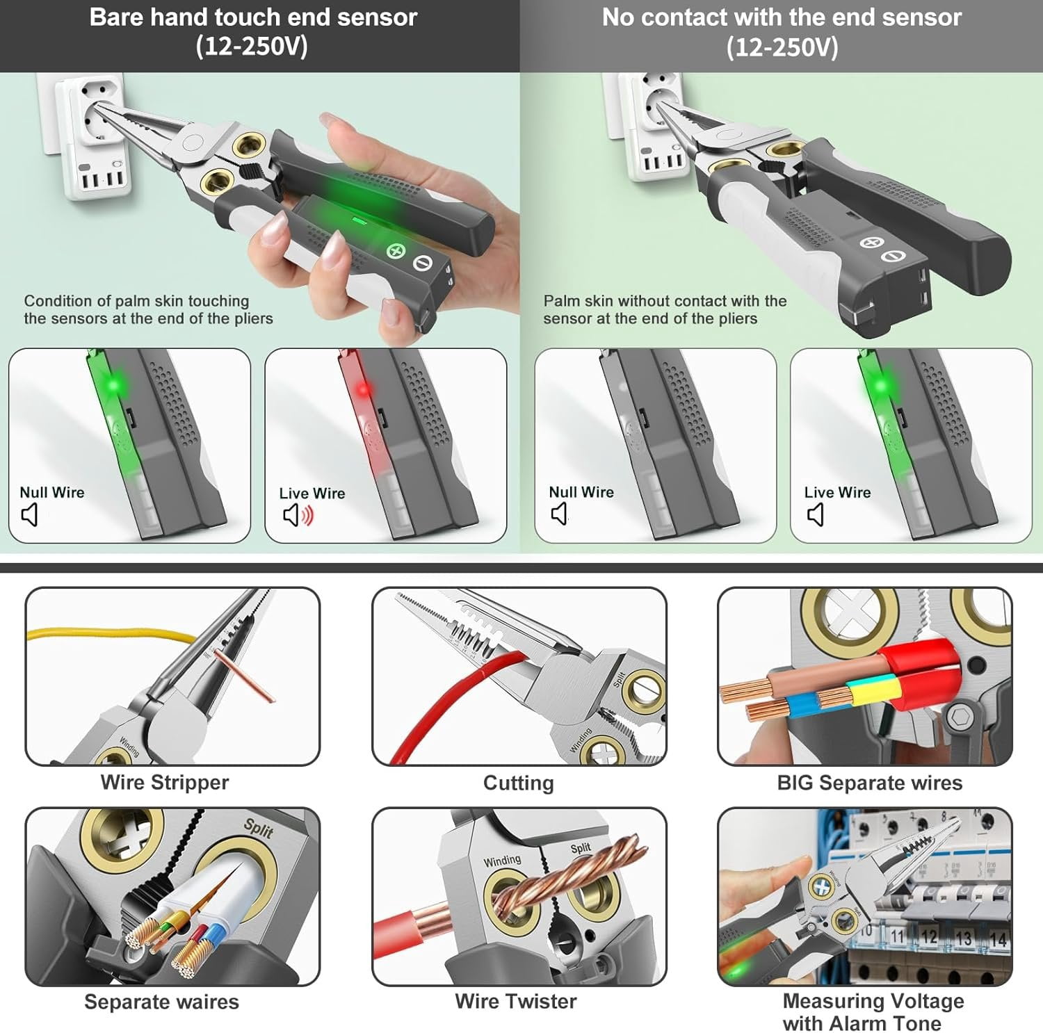 Pro 8-in-1 Wire Stripper/ with  Tester & Dual Alarms - Heavy Duty 12-250V  Electrical Tester for Hot/Neutral Wires - Electrician, HVAC,  Repair Tool (Gray)
