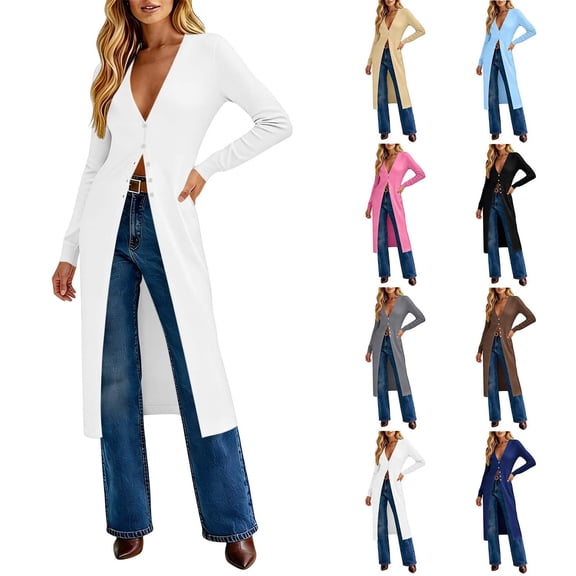 Womens Long Sleeve Maxi Cardigan Duster Open Front Button Down Knit Coat Lightweight Stretch Casual Longline Sweater Outerwear with Deep V Neck Soft Fabric Fall Spring Outfit