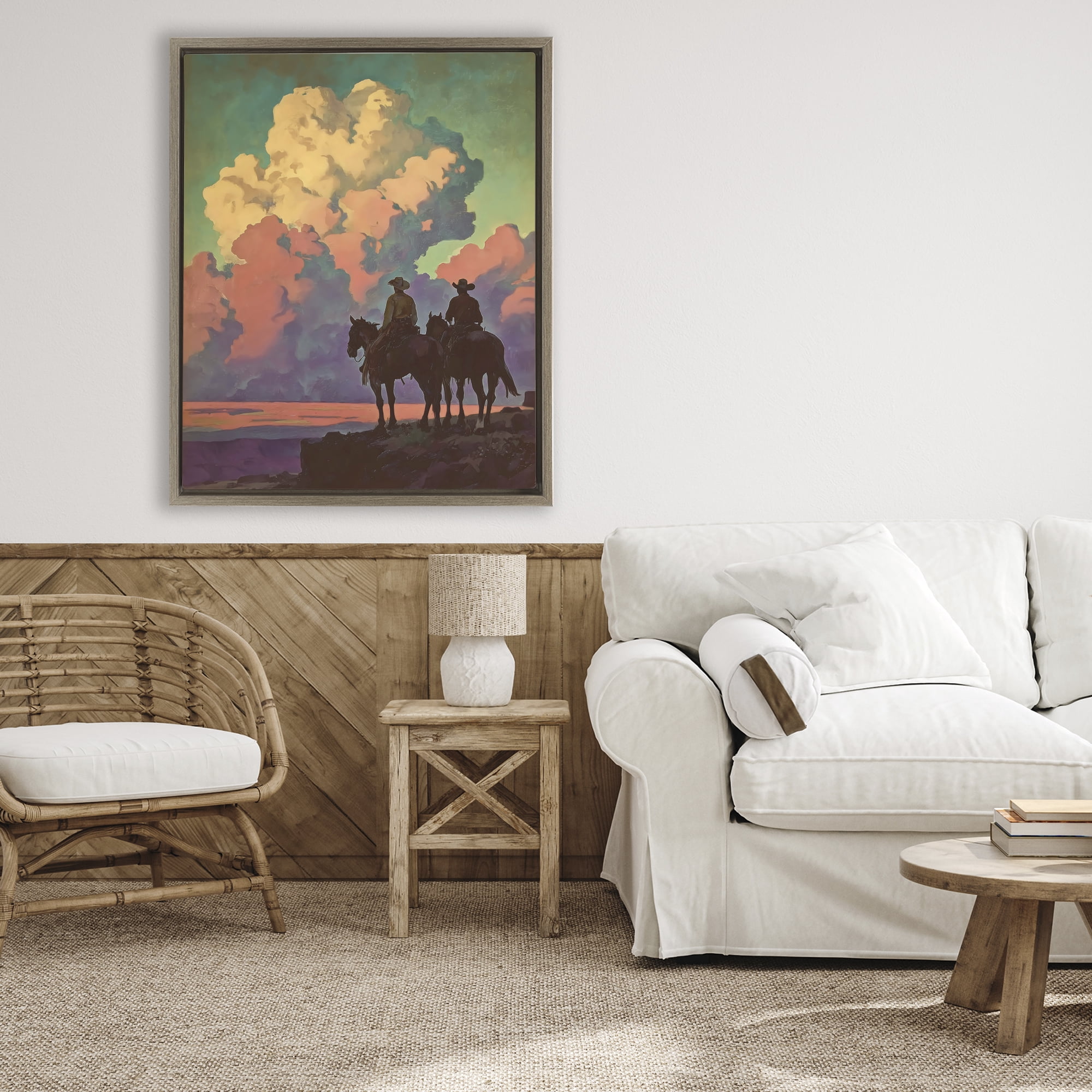 Stupell Industries Cowboys Silhouetted Against Clouds Brown Framed Floater Canvas Wall Art, design by Arlington Prints