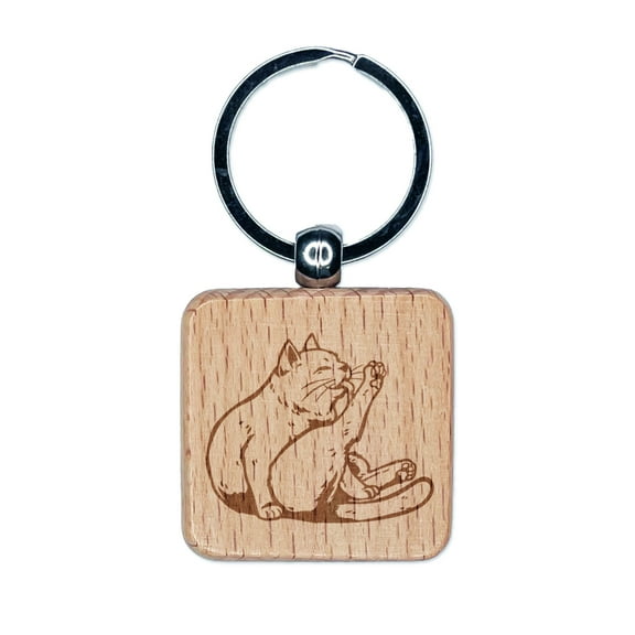 Cute Cat Grooming Leg Square Keychain Charm Tag - Engraved Wood