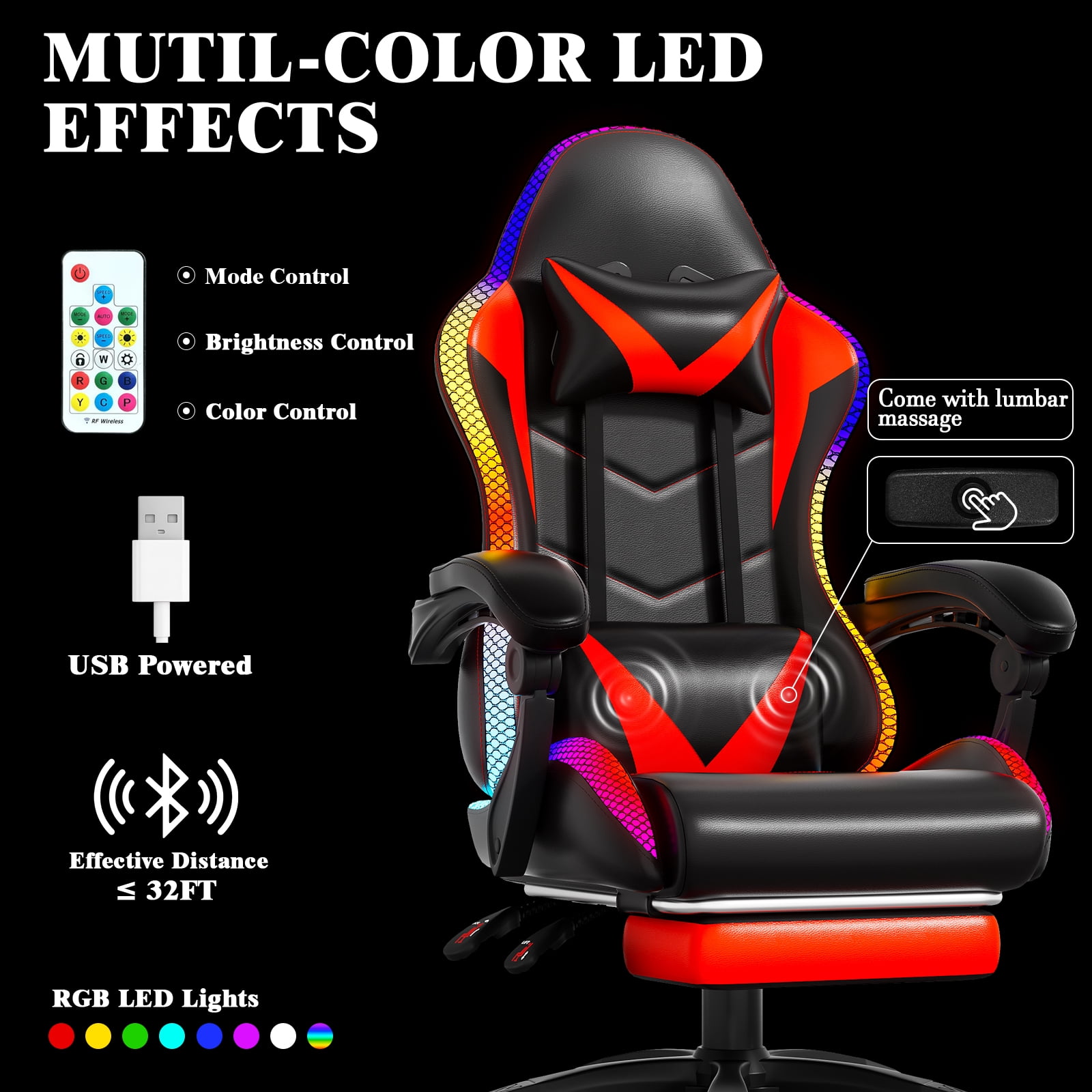 Czlolo Gaming Chair, Racing Style RGB LED Lights Gaming Chairs for Adults and Kids, Lumbar Massager Gamer Chair, High Back Reclining Computer Chair with Footrest and Headrest (Black/Red)