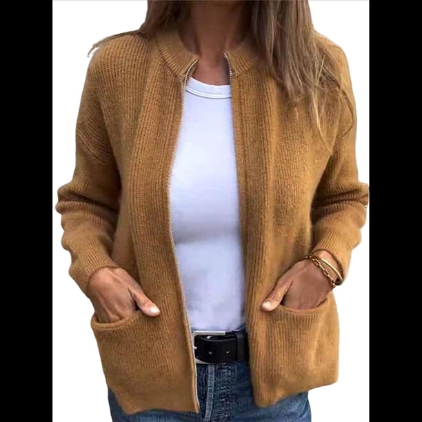 Cárdigan de Punto con Cremallera para Mujer, Larga, Cuello Alto, Abrigo con Bolsillos Amarillo L