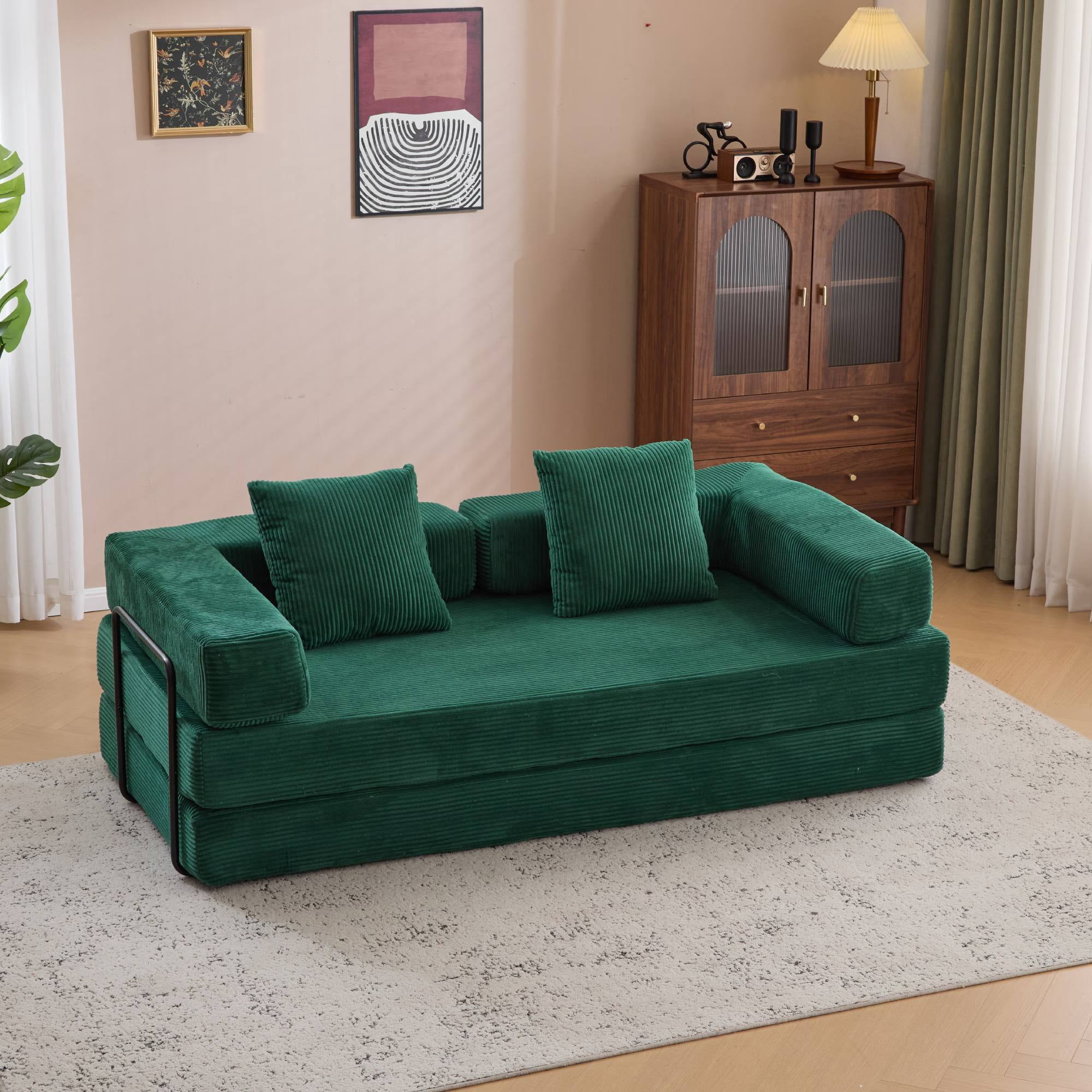 Convertible Sleeper Sofa Bed with Pillow, Corduroy Folding Mattress Floor Sofa Lounge Couch for Living Room, Bedroom, Green