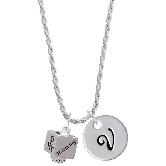 Delight Jewelry Silvertone Chinese Symbol Harmony Square Spinner Silvertone Script Initial Disc - V - Charm Necklace, 20"+3"