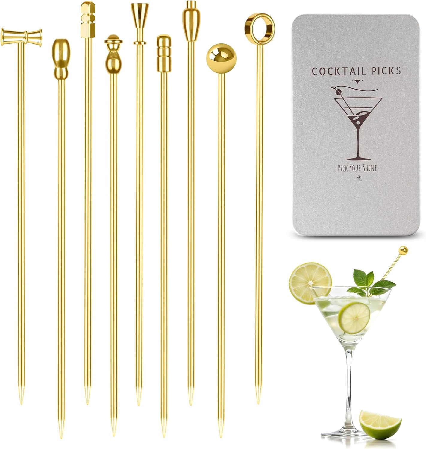 Lot De 20 Pics à Cocktail En Acier Inoxydable Réutilisables - Piques à Olives, Martinis, Apéritifs Et Bloody Mary - Accessoire Bar Élégant
