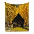 thumbnail image 1 of Autumn Soft Flannel Fleece Throw Blanket, Abandoned Wooden Farmhouse in Fall with Aspen Trees Rural Pastoral Nature Scene, Cozy Plush for Indoor and Outdoor Use, 60" x 80", Brown Yellow, by Ambesonne, 1 of 6