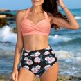 thumbnail image 2 of Girls Two Piece Swimsuit Women Vintage Swimsuit Two Piece Retro Halter Ruched High Waist Print Bikini Set, 2 of 6