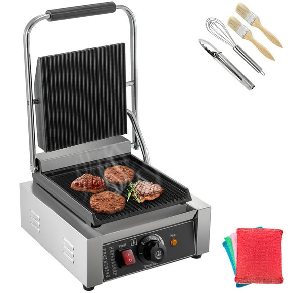 VEVOR 110V Commercial Sandwich Press Grill 1800W Electric Panini Maker Non-Stick 122°F-572°F Temp Control Full Grooved Plates for Hamburgers Steaks, Professional Cooking Equipment