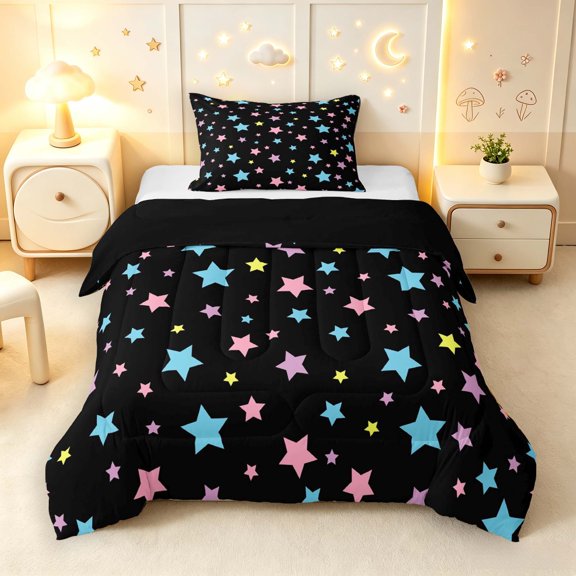 Manfei Dreamy Stars Polka Dot Twin Comforter Sets,Kawaii Cartoon Theme Bedding Set,Black,Black Reversible,2-Piece,1 Comforter and 1 Pillowcase