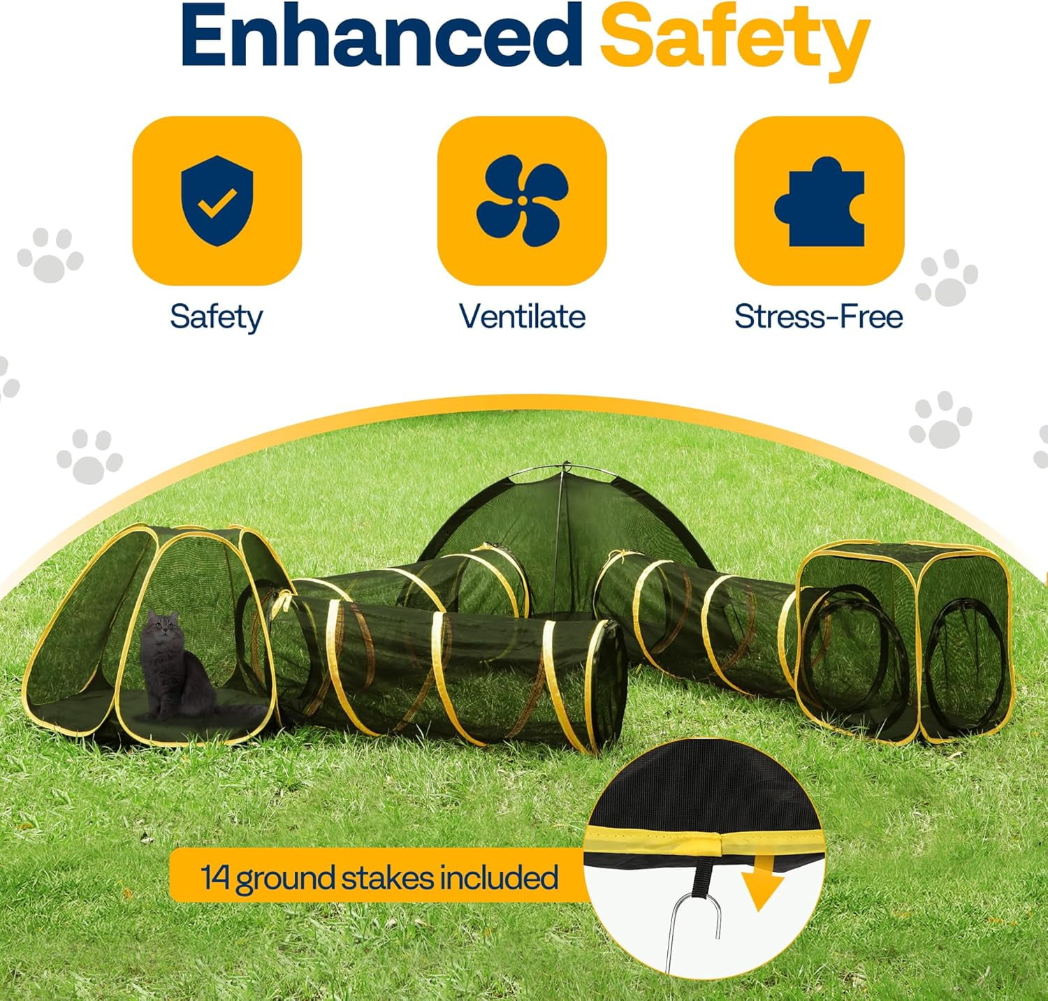 SPECSTAR Outdoor Cat Enclosures 6-in-1 Outside Large Playground Include 2 Cat Tent, 3 Cat Tunnel, Cat Playhouse, Cat Leash, Mint Ball for Feline Friends to Explore in Yard, Balcony, Camping