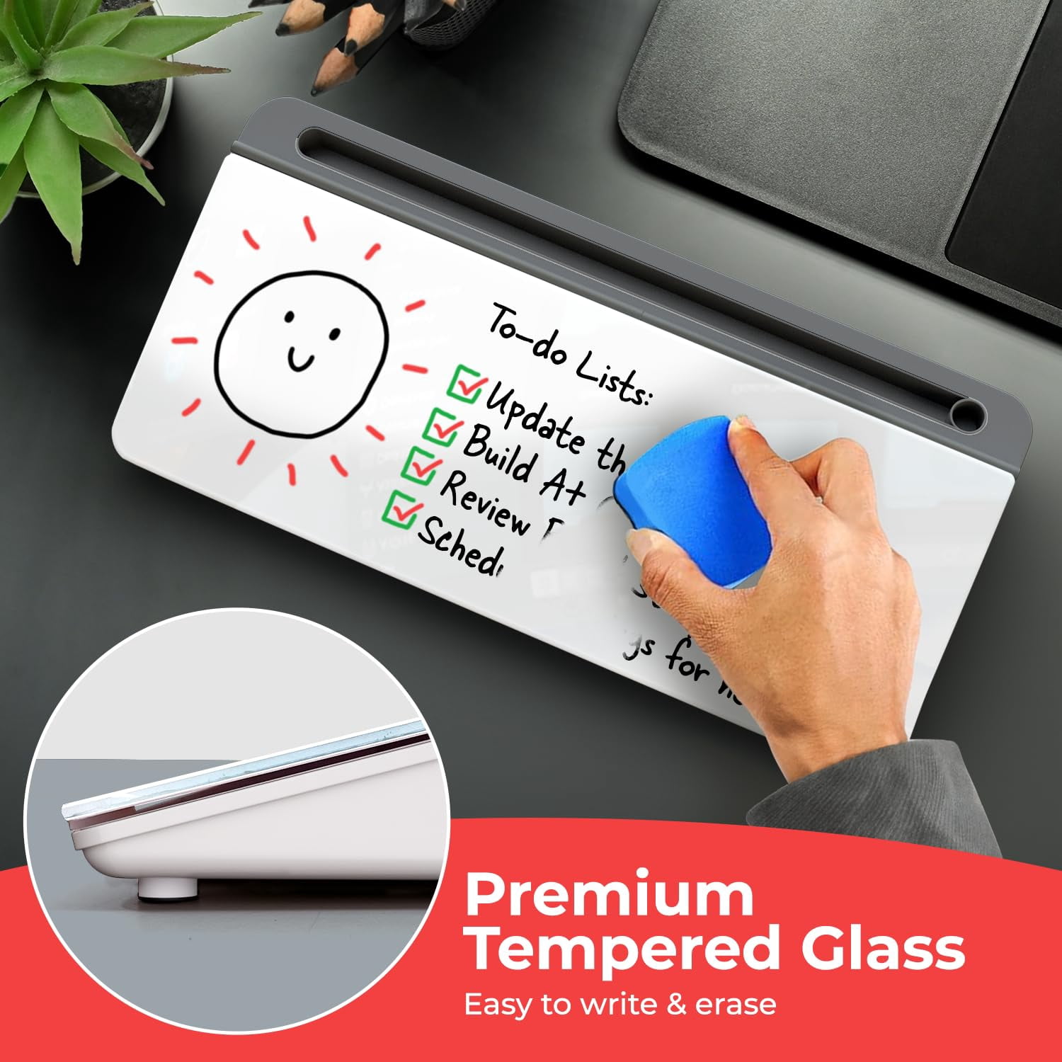 Glass Desktop Whiteboard With Storage - Dry Erase Board  Work Desk Organizers Computer Stand Home Office Accessories Small White Workspace Buddy + 3 Markers