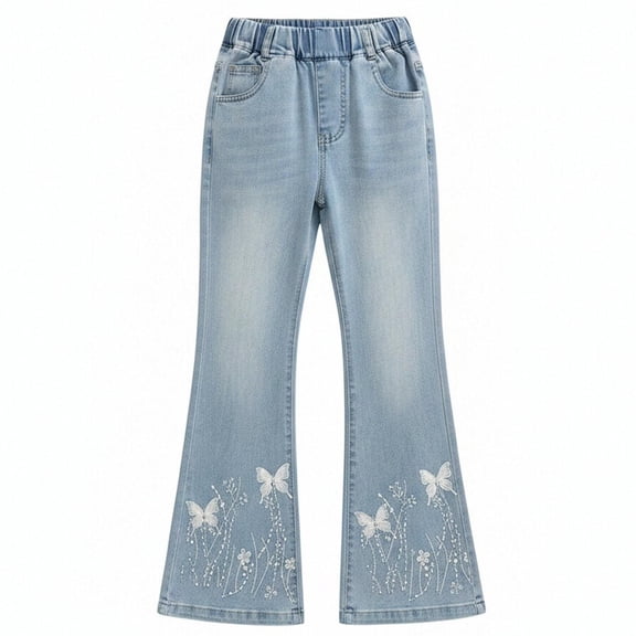 TIREOW Girls Butterfly Denim Bell Bottom Pants Casual Flared Jeans Pants Fashionable Elastic Waist Flared Trousers(Blue,5-6 Years)
