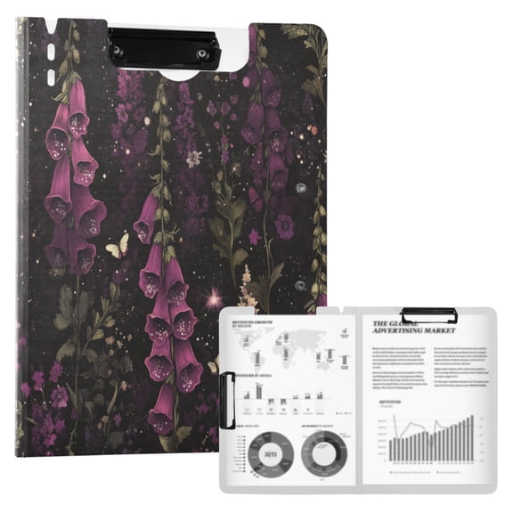 FORMRS A4 Clipboard Folder with Pen Holder Horizontal Foldable School Office Binder, Dark Purple Floral Pattern