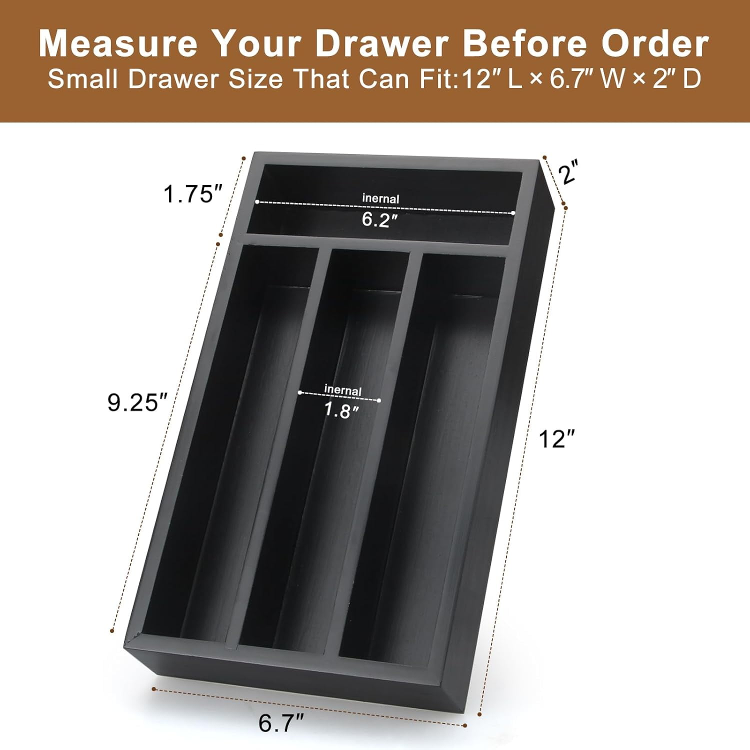 Small Cutlery Tray Narrow Wooden Silverware Organizer 12"x6.7" Spoon Kitchen Utensil Holder for Drawer Divider Bamboo Cutlery Drawer Organizers Storage Black Wood Silverware Tray Flatware Organizer