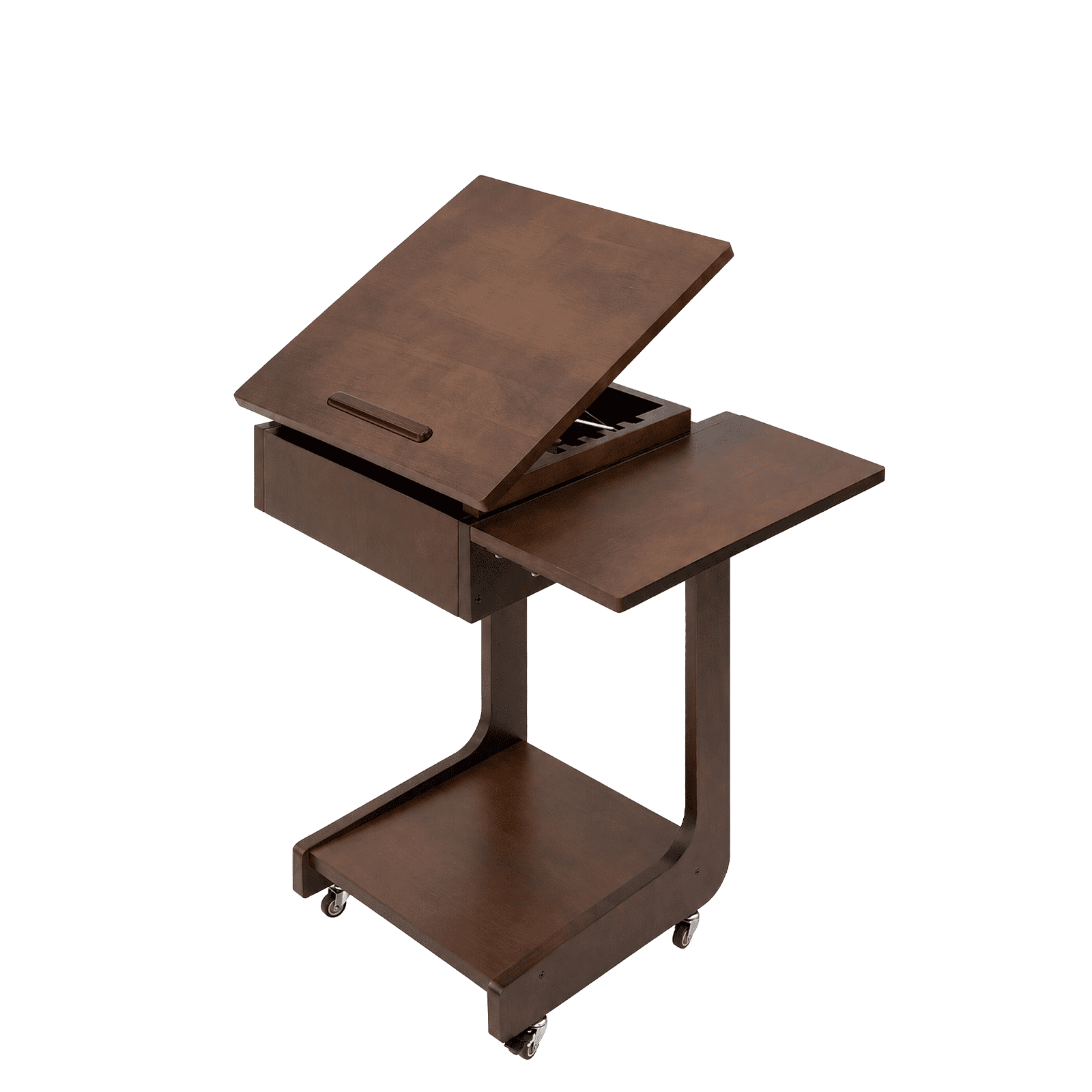 Solid Wood C-Shaped Side Table, 360° Rotating Desktop, Laptop Stand, Foldable Shelf, Lockable Casters