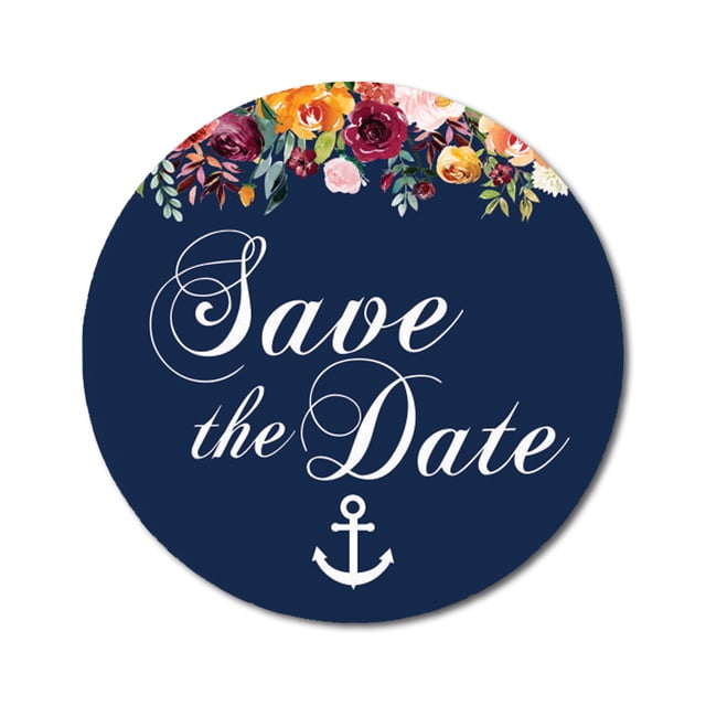 Darling Souvenir 45 Pcs Blue Round Floral & Anchor Save The Date Stickers DIY Envelope Seals-1.6 Inches