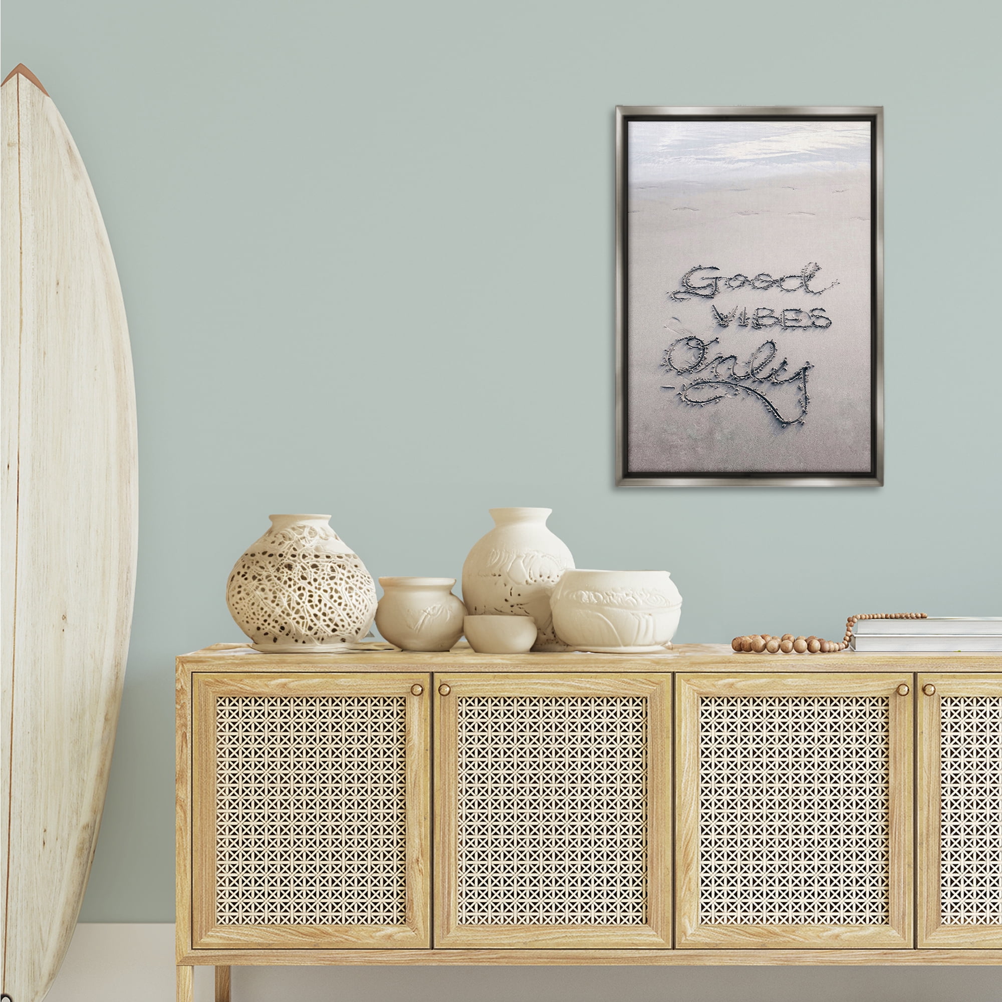 Stupell Industries Good Vibes Only in Sand Nautical & Beach Photography Gray Floater Framed Canvas Art Print Wall Art, 21 x 31
