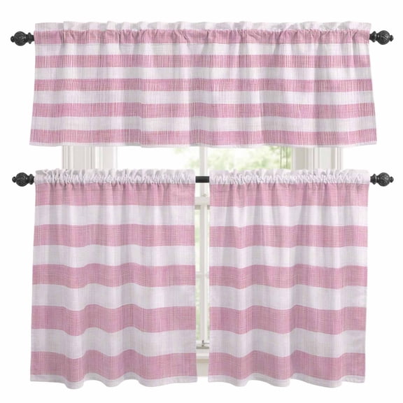 Pink Striped Kitchen Curtains Sets for Windows 36 Inch Length, Farmhouse Vintage Stripes Rod Pocket Window Treatments Tier Curtains and Valances Set for Bedroom/Bathroom